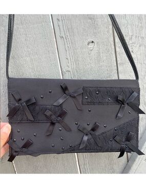 Neiman Marcus Prabal Gurung Satin Clutch Bow Lace Sequin Accents Black